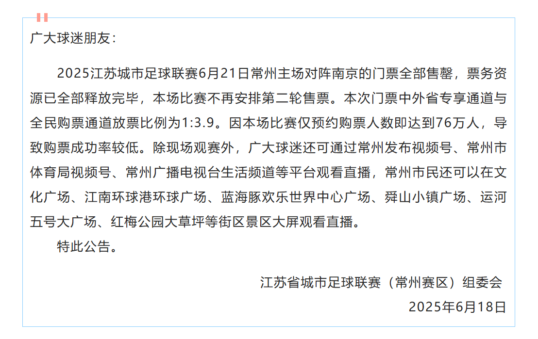 “苏超”常州队下轮比赛热度超明星演唱会！预约人数达76万，平均20人抢1张票